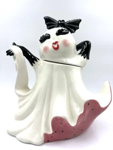 Tarro de galletas fantasma de Halloween retro glamour cerámica murciélago arco falda rosa caprichosa - Imagen 1 de 10