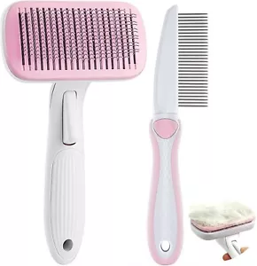 More details for set of 2 pink self-cleaning cat and dog brushes pet comb grooming uk