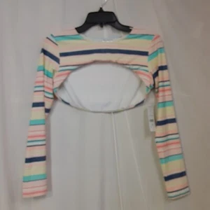 NWT CELEBRITY PINK SWIM CHLOE CROPPED LONG SLEEVE RASHGUARD MULTI COLOR STRIPE L - Picture 1 of 4