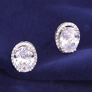 10.5 Ct Oval Cut Cubic Zirconia Halo Solitaire Stud Earrings 925 Sterling Silver - Picture 1 of 11