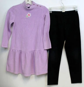 Hanna Andersson Fleece Dress Black Leggings 2pc sz 130 8 Mock Mock neck Flower - Picture 1 of 9