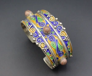 Moroccan Tuareg Cuff Bracelet, Enamel 925K Sterling Silver Coral Stones Bracelet - Picture 1 of 14