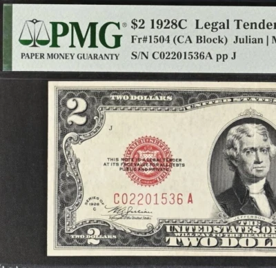1928C $2 Legal Tender PMG 45 - US Note  CA Block  - Fr 1504 - Image 1 of 3