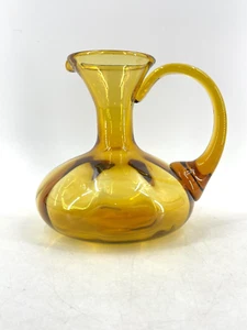 Vintage MCM Handblown Rainbow Amber Optic Art Glass Squat Pitcher Applied Handle - Picture 1 of 10