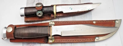 Facas de caça vintage de lâmina fixa - Não marcadas - Lote de duas - Cada cabo de couro - Imagem 1 de 4