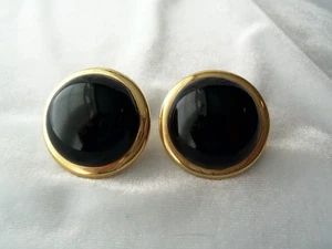 Vintage Large Black Lucite Cabochon Button Style Gold Tone Pierced Earrings - Picture 1 of 6