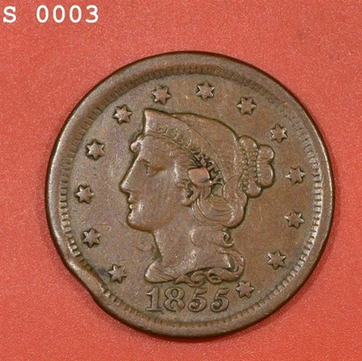 Centavo grande cabello trenzado "Knob on Ear" 1855 "VF Rim Bump" Foto 1 de 2