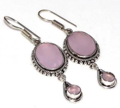 Pink Chalcedony 925 Silver Plated Handmade Earrings 2.1" Ethnic Gift GW - Image 1 of 3