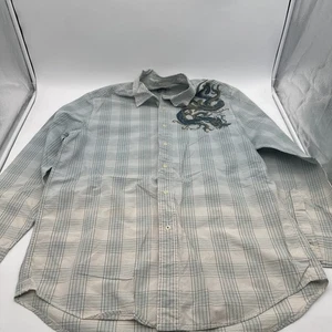 Lucky Brand Button Up Shirt Mens L Blue/Green Dragon Embroidered Long Sleeve - Picture 1 of 10