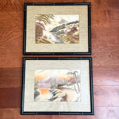 Vtg Set of 2 Japanese Silk Embroidered Art House Village Nature Framed - Image 1 of 4