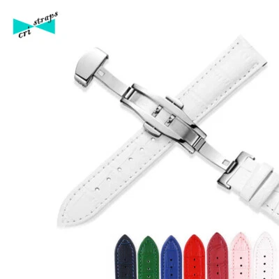 cinturino orologio in pelle coccodrillo con chiusura deployante blu rosso bianco - Immagine 1 di 4