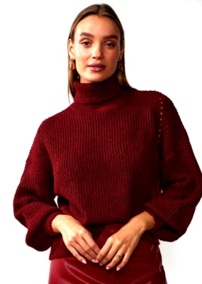 New York & Co Womens Sweater Large Turtleneck Balloon Sleeve Brick Berry Red NWT - Image 1 of 4