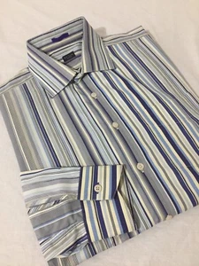 Paul Smith Camisa delantera abotonada Creme Blue Navy Gray Stripes Sz 16.5-35.5 (42 EUR) - Imagen 1 de 9