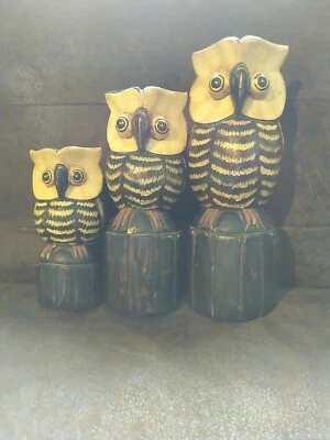  Statues chouettes hiboux bois 15 / 21 / 24cm owl wood deco  - Photo 1/4