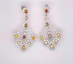 14K Gold 5.77 ct Natural White Yellow & Champagne Diamond Chandelier Earrings