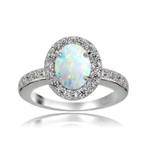 Sterling Silver Created Opal and White Topaz Oval Halo Ring - Picture 1 of 3
