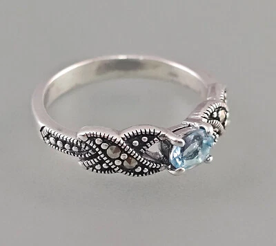 9923561 Anello In Argento 925 Con Topazio Blu Chiaro E Marcasite Taglia 55  - Immagine 1 di 3