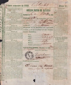 E6511 ANTILLAS ESPAÑAS 1858 CÉDULA DE SEGURIDAD DE ESCLAVOS ESCLAVITUD MATANZAS. - Imagen 1 de 1