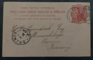 1892 Great Britain 1p Stamped Postcard cd South Kensington-Brenen - Picture 1 of 2