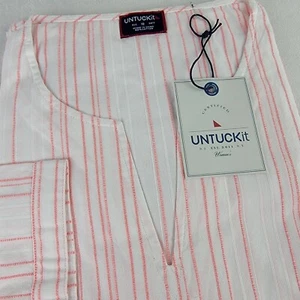 UNTUCKit Durfort Tunika Top gestreift 3/4-Arm normale Passform weiß pink Größe 10 neu mit Etikett - Bild 1 von 5