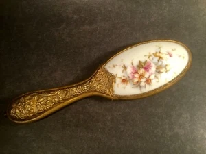 Antique Victorian Repousse Brass Handle Limoges Porcelain Hand Mirror Flowers - Picture 1 of 11