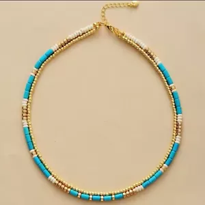 Collana girocollo Boho a strati con perline turchese e placcato oro 18 carati 16" blu nuova con etichetta - Foto 1 di 8