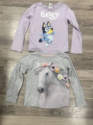 LOT Of 2 Girls SZ 5 Long Sleeve Tees JOHN DEERE Gray Horse Flowers BLUEY purple - Image 1 of 4
