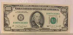 1990 $100 BILL, B2-District, OLD STYLE US FRN S# B 98743538 D - Picture 1 of 2