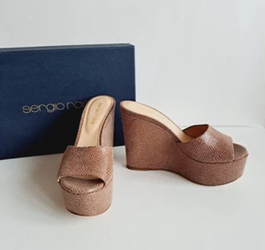 NEW Sergio Rossi Nude Brown Peep Toe Wedge Sandals Size 36 - Picture 1 of 15