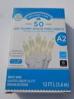 Wal-Mart Holiday Time 50 LED Warm White Mini Lights White Wire Indoor/Outdoor - Image 1 of 4