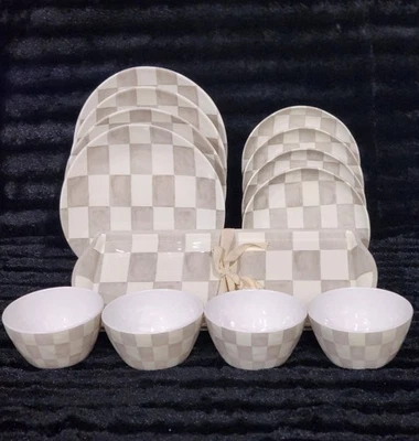 14pc Taupe White Shiny Checkered Melamine 4 Salad Appetizer Plates Bowls 2 Trays - Image 1 of 4