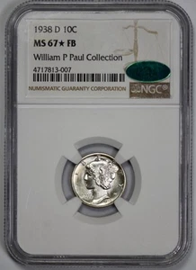 1938-D Mercury 10c Silver Dime NGC MS 67* FB CAC Full Bands 80% Proof Like - Picture 1 of 4