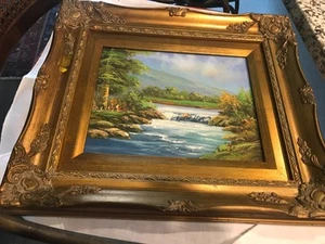 Signed Vitg Joyce? Waterfall Landscape Oil Painting Board 13 x15'Gold Leaf Frame - Bild 1 von 7