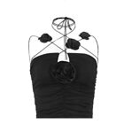 Lace Up Thin Straps Camisole Backless Rose Flower Halter Tank Top  Girls