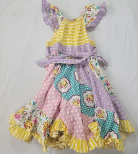 Jelly the Pug Girl's Cap Sleeve Dress Flowers Stripes Circles Size 8 Full Skirt - Picture 1 of 7