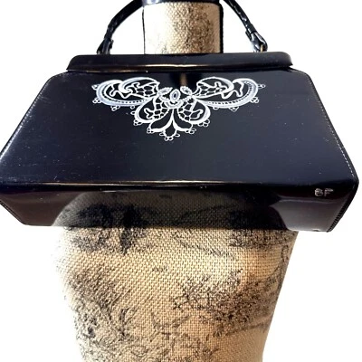 VTG Women Black Patent Leather Purse Hand-painted White Front Signed Gold Clasp - Image 1 of 4