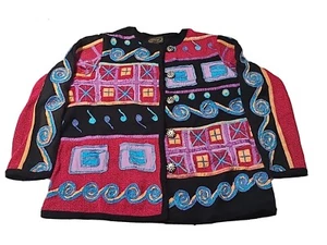 Vintage Alex Kim Women 1X Sweater Jacket Multi Colored Embroidered Knit, Unique - Picture 1 of 8