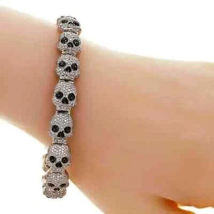 Men's Skull Link Bracelet 15CT Simulated Black Diamond Gold Finish 925 Silver - Picture 1 of 4