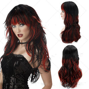 Long Wave Black Wigs with Red Highlight Black Wigs with Bangs Cosplay Halloween