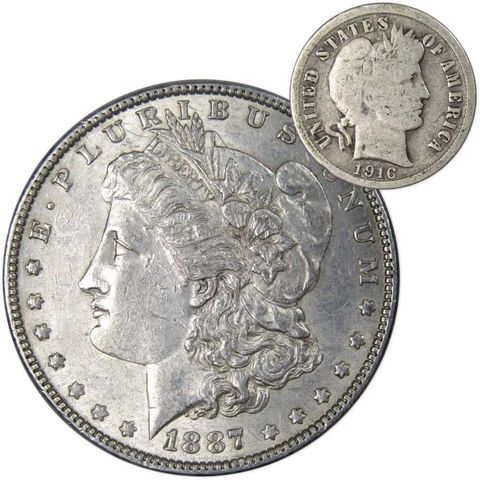 1887 Morgan Dollar XF EF Extremely Fine 90% Silver with 1916 Barber Dime G Good Cover