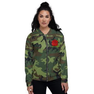 Women's Camo Bomber Jacket with Red Rose - Picture 1 of 29