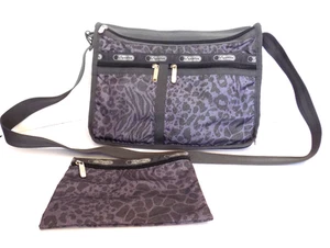 LeSportsac purple animal Bag crossbody Everday Deluxe expanding purse + pouch - Picture 1 of 8