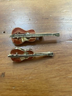 Broche de guitarra vintage esmalte marrón tono dorado - par Foto 1 de 4