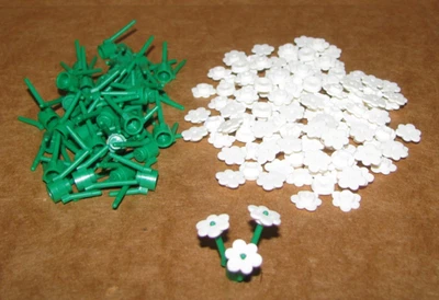 100 x Lego Flowers (Red or White) w/ Green Stems Foliage Parts Bulk -You Choose! - Image 1 of 2