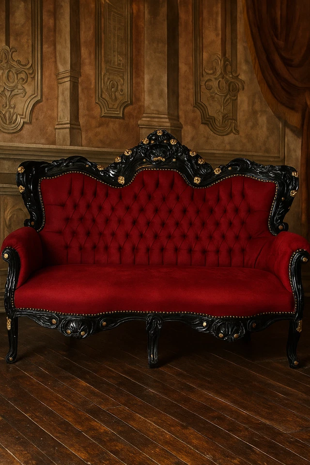 Casa Padrino Barock 2er Samt Sofa Bordeauxrot / Schwarz / Gold - Barock Möbel - Bild 1 von 1