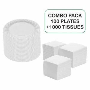 100 pcs White 7" Disposable Paper Plates with 1000 Sheets Mini Square Tissues - Picture 1 of 24