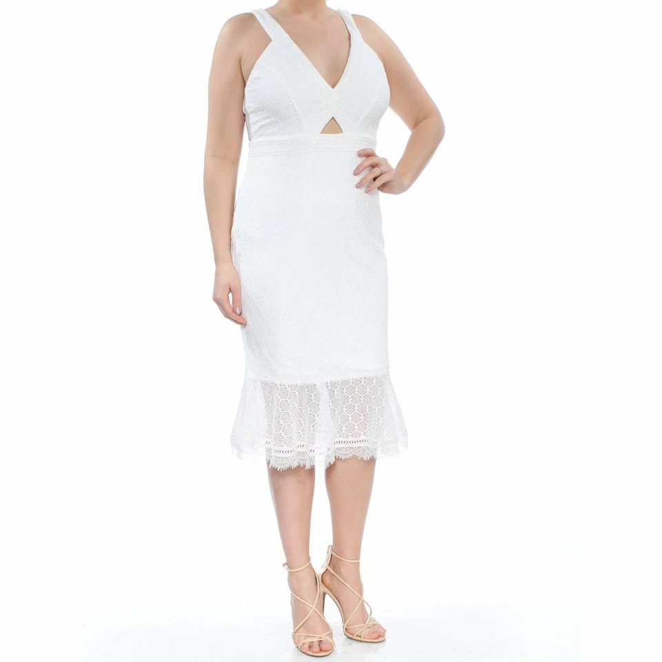 GUESS Women's White Lace Cutout V-neck Mermaid Sleeveless Midi Dress Size 4