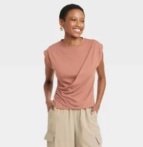A New Day Women's Medium T-Shirt Brown Slim Fit Drape Wrap Top Short Sleeve, New - Picture 1 of 6
