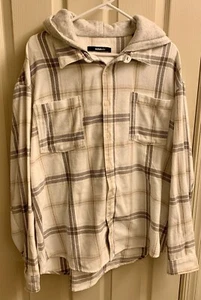 Fashion Nova Herren Hoodie Flanell kariert weiß hellbraun blau Baumwolle Größe M - Bild 1 von 6