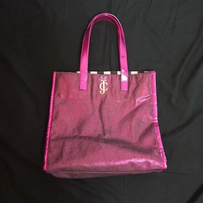 Bolsa tote Juicy Couture rosa metálica emblema JC listrada preta/branca - Imagem 1 de 4